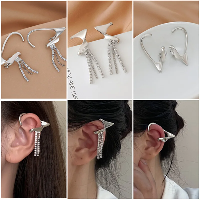

Punk Fairy Clip Earrings Ear Hook Earring for Women Girl Irregular Metal Crystal Tassel Ear Cuffs Korean No-percing Earring