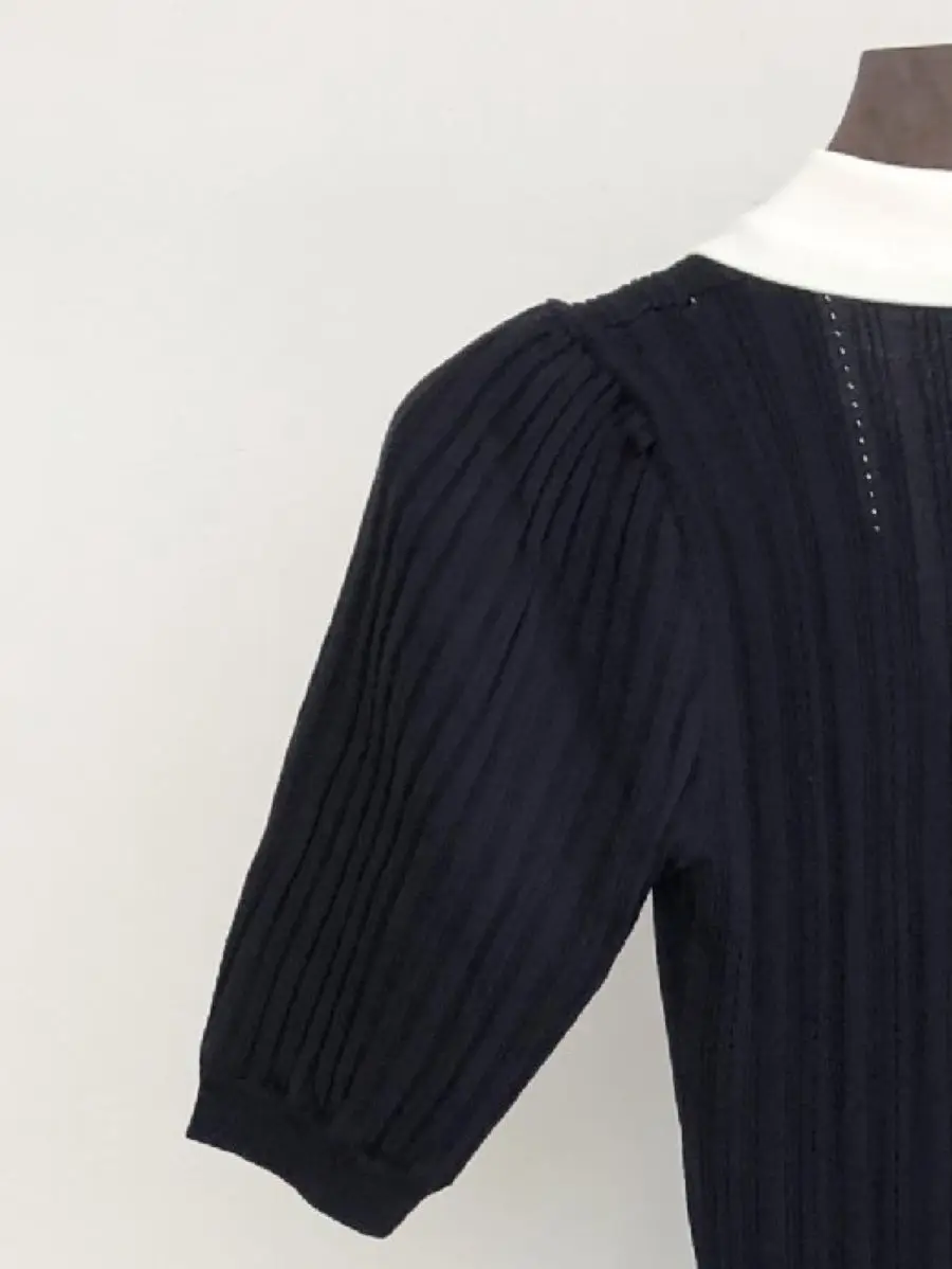 

Women Robe Color Patchwork V-Neck Short Sleeve Single Breasted Hem Hollow Out Slim Knitted Midi Dress