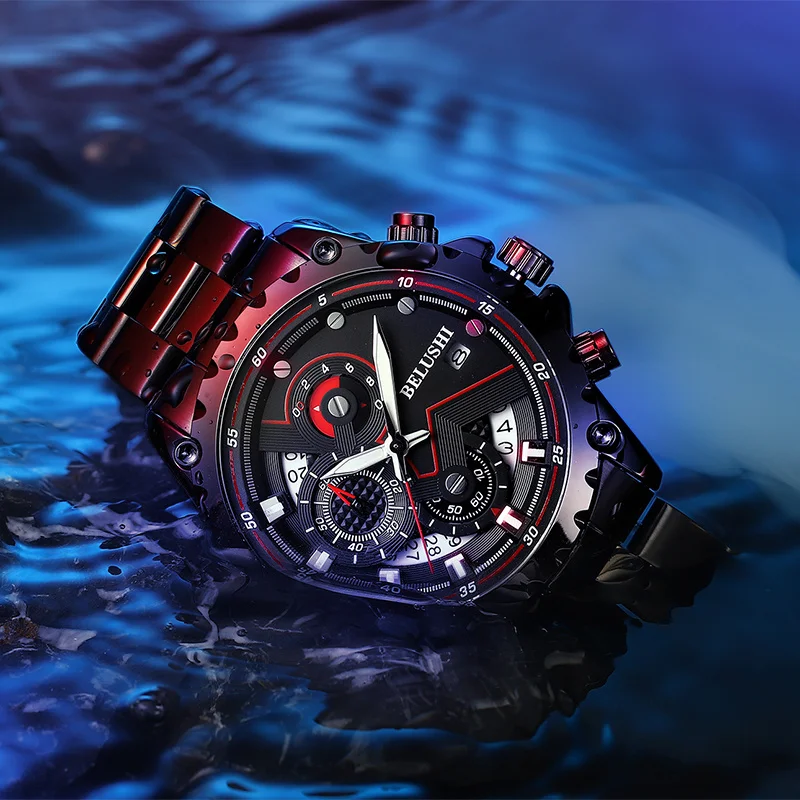 

Brand BELUSHI Mens Watches Top Stainless Steel Luxury Quartz Watch Men Waterproof Chronograph Sport Wristwatch Relogio Masculino