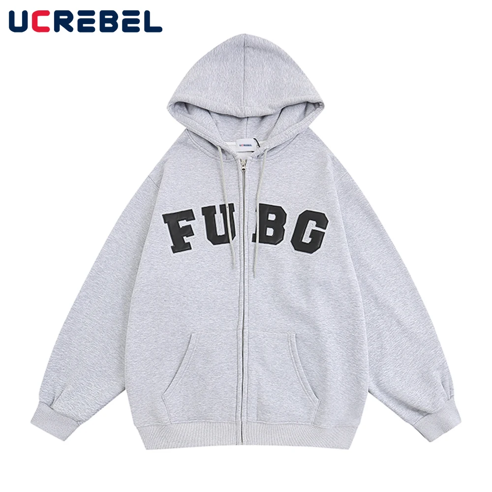 

Autumn Winter Letter Embroidery Hooded Sweatshirts Mens Streetwear Loose Casual Long Sleeve Fleece Zipper Outerwear Men