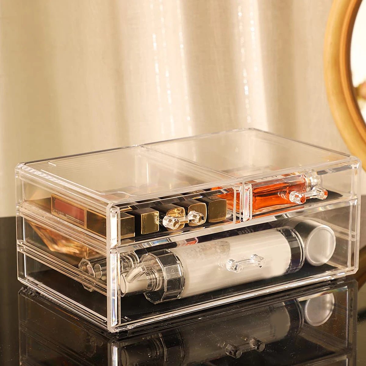 

Makeup Organiser Clear Acrylic Cosmetic Storage Box Large Capacity Desktop Organizer Box with 3 Drawers for Home Office Bedroom