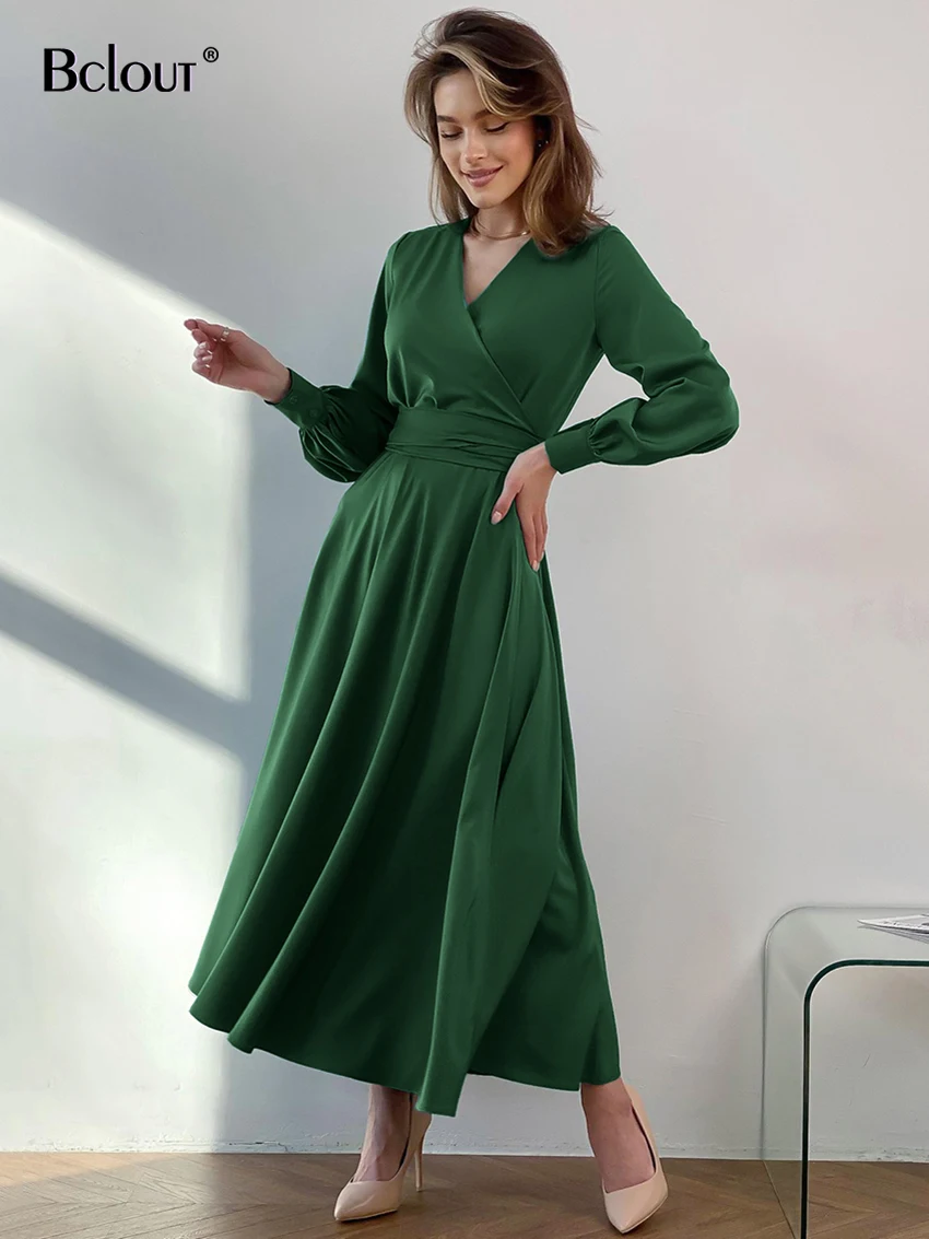 

Bclout элегантные розовые атласные платья для женщин 2022 винтажное платье с V-образным вырезом и длинным рукавом на шнуровке для вечеринки модн...