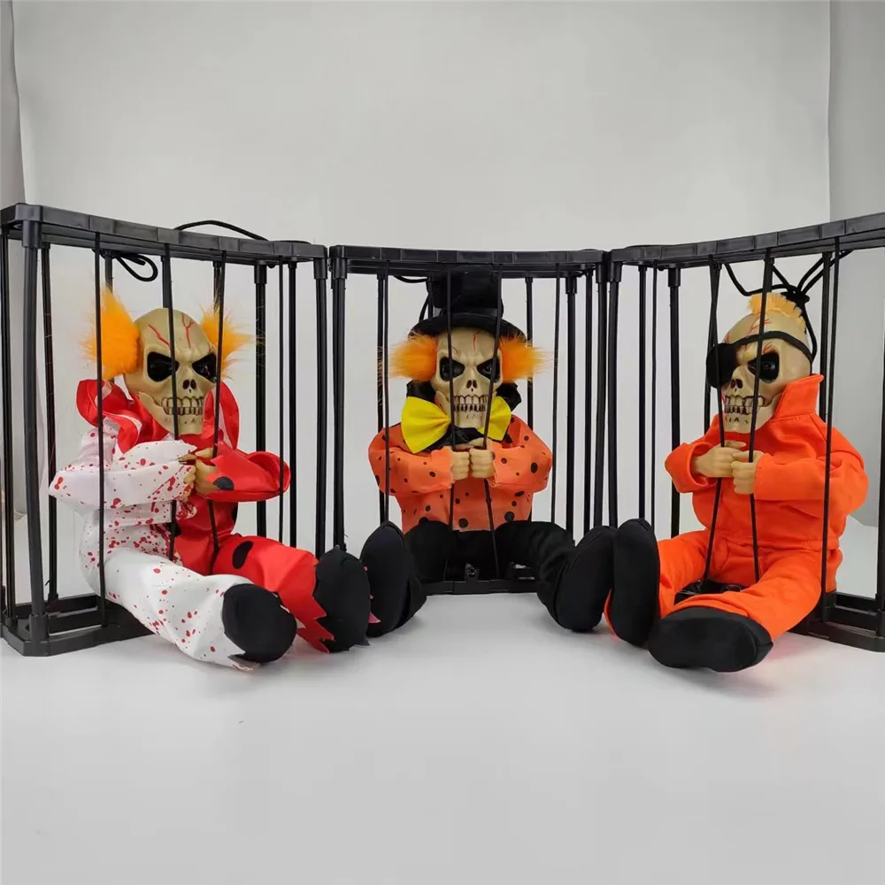 

Halloween Hanging Ghost In Cage Prop Statue Voice Control Cage Design Luminous Skull Figurine Scary Talking Prisoner Decor Props