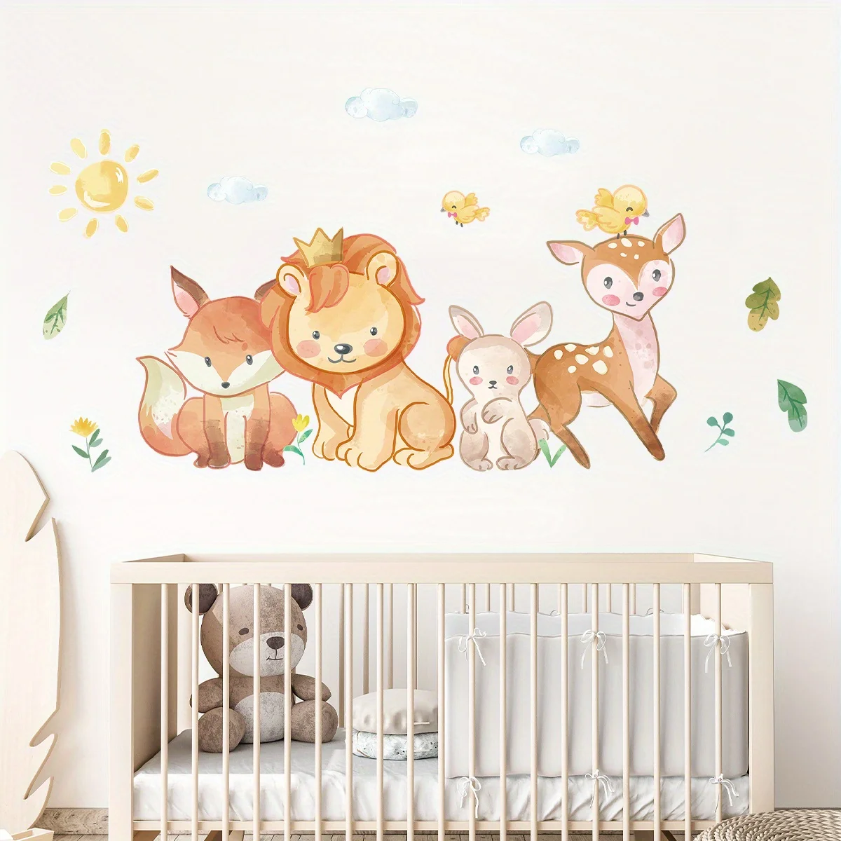 Набор Наклеек На Стену С Мультяшными Животными - Лев Олень Лиса Кролик Солнечный