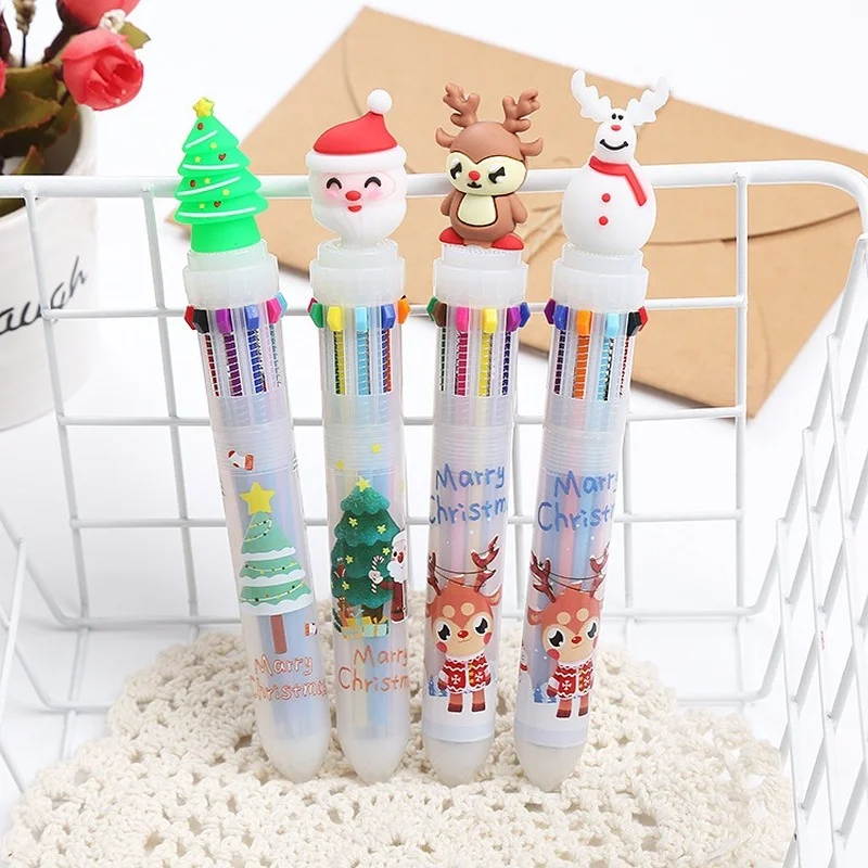 10 Pcs Ten-color Ballpoint Pen Christmas lovely Students Holiday Prizes Colored Pens Hand-written Multicolor Office Supplies