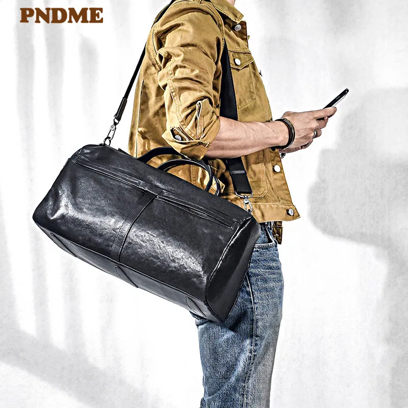 Fashion casual luxury genuine leather men's travel bag designer simple real cowhide women's black handbag weekend duffel bag