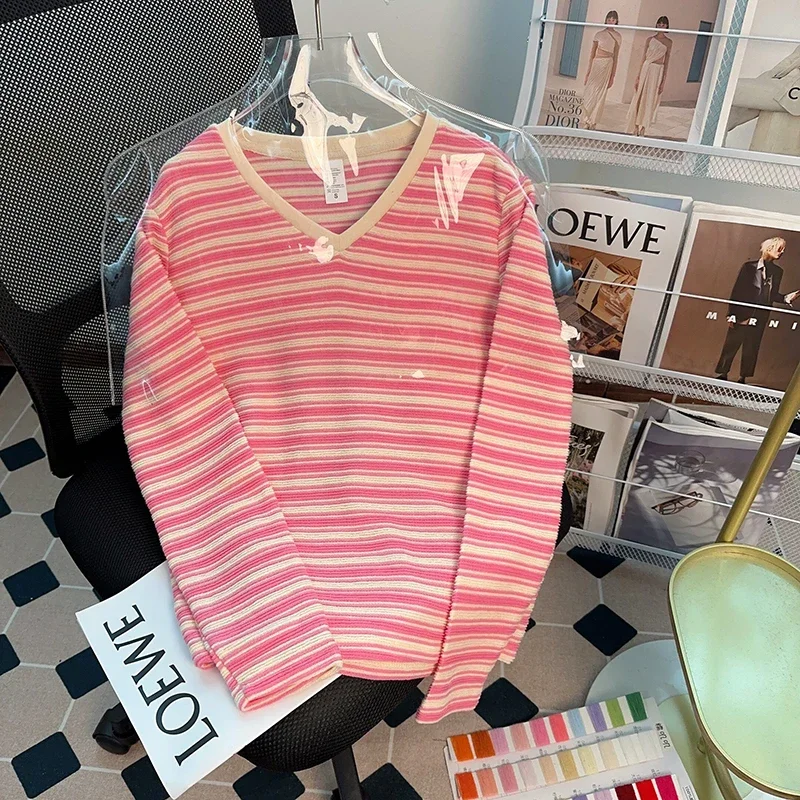 

Женская весенне-осенняя футболка в полоску с V-образным вырезом и длинным рукавом, Женский пуловер, футболка оверсайз