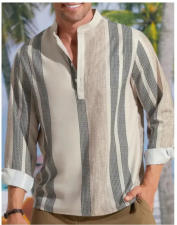 

2023 Spring Autumn New Men's High Quality Casual Stripe Stand Collar Printed Cotton Linen Long Sleeve Tee Shirt Men Shirts