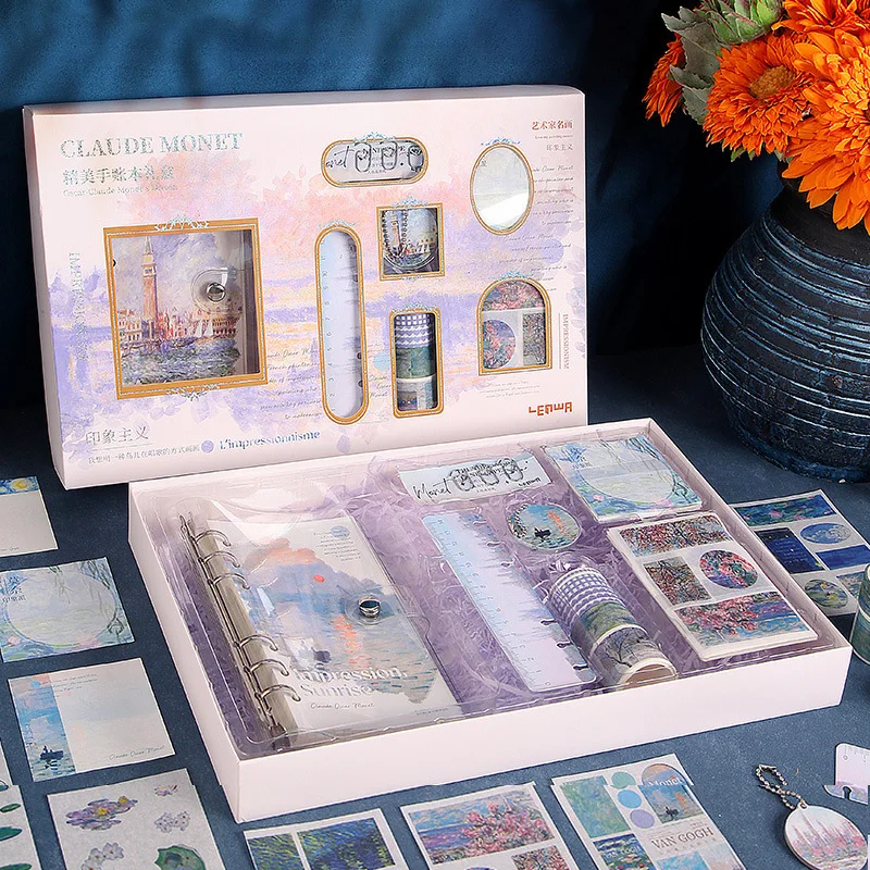 

Vintage Exquisite Handbook Gift Box Set With Loose-Leaf Notebook,Sticky Notes,Rulers,Pendants,Tape,Paper Clips,Stickers Material