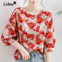red leaves round neck short sleeve t shirt 2022 spring summer casual tops korean style fashion top tees for female elegant tops
