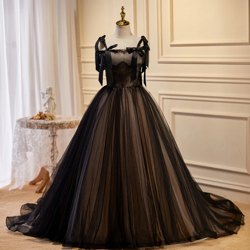 

Черное вечернее платье без бретелек, с бантом, без рукавов, со складками, длина в пол, со шнуровкой, тюль, трапециевидная модель, элегантные женские юбки, B2670