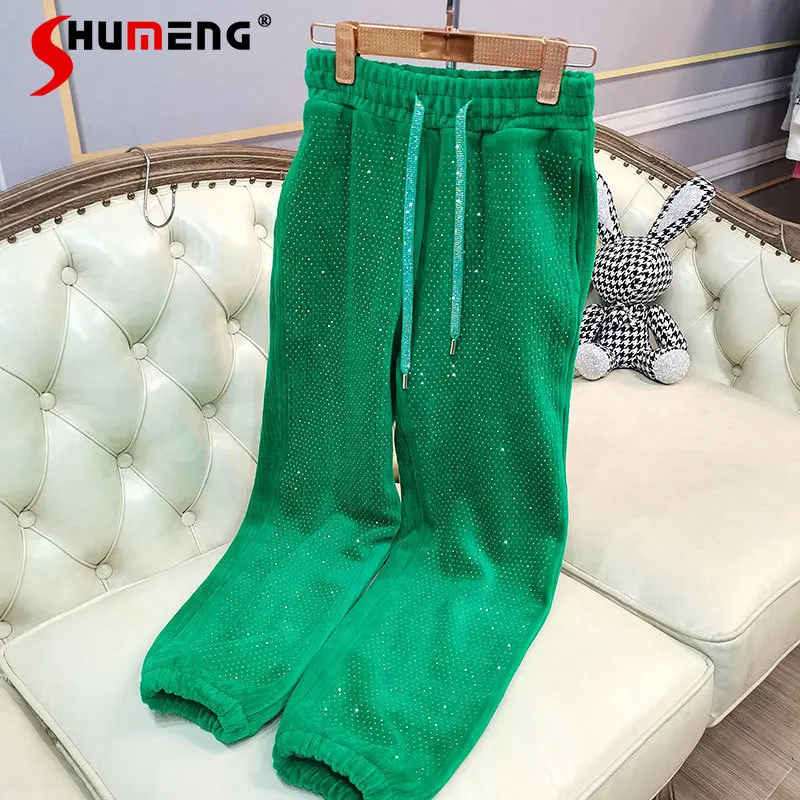 2022 Autumn Winter New Elastic Waist Trousers Corduroy Velvet Hot Drilling Sweatpants Fashion High Quality Ankle Banded Pants