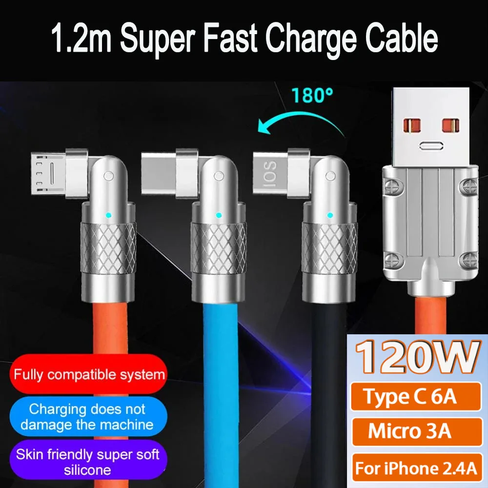 

180 Degree Rotatable 120w Super Fast Charging Cable Liquid Silicone Mobile Game USB Type-C Charge Elbow Cable For Xiaomi Huawei