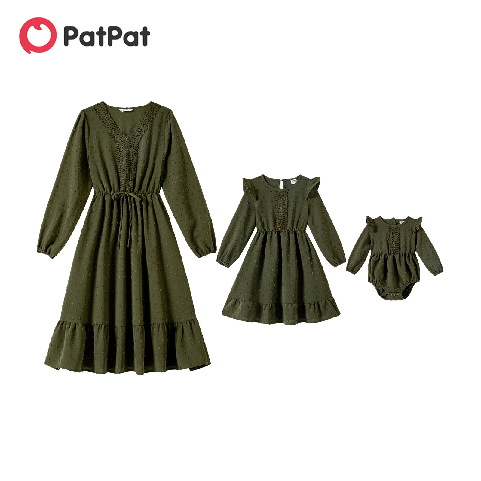 

PatPat Mommy and Me Solid Swiss Dot Lace Detail Ruffle Hem Long-sleeve Dresses