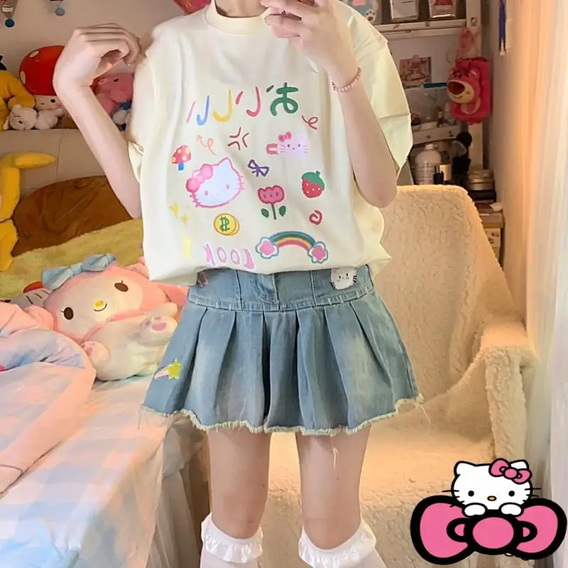 Hello Kittys Short Sleeves Kawaii Cartoon T Shirt Anime Kt Cat Student Sweet Loose Young Girls' Style Clothing Top Summer Cotton