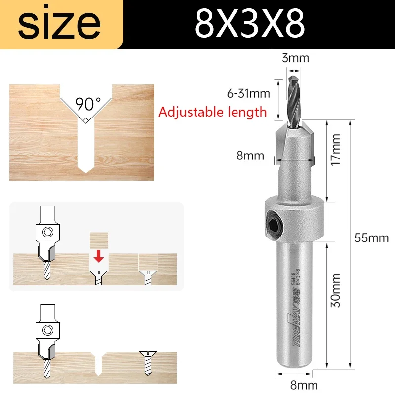 

Набор сверл с зенковкой по дереву Tideway для деревообработки и столярных работ, хвостовик 8 мм, быстросменный шестигранный ключ, пилотное отверстие для винта