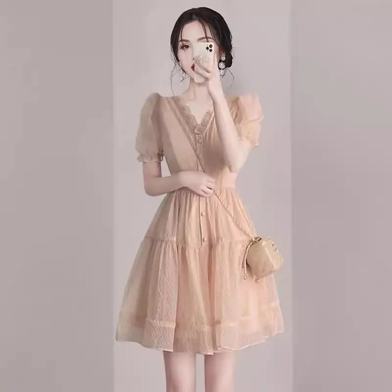 

Однотонные вечерние платья для женщин, новинка 2023, винтажное облегающее летнее платье с коротким рукавом и высокой талией, V-образным вырезом и оборками, Корейская одежда YCMYUNYAN