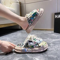 graffiti no heel disney beggar slippers with rough edges ins lace ups thick bottom half trailer canvas shoes womens summer