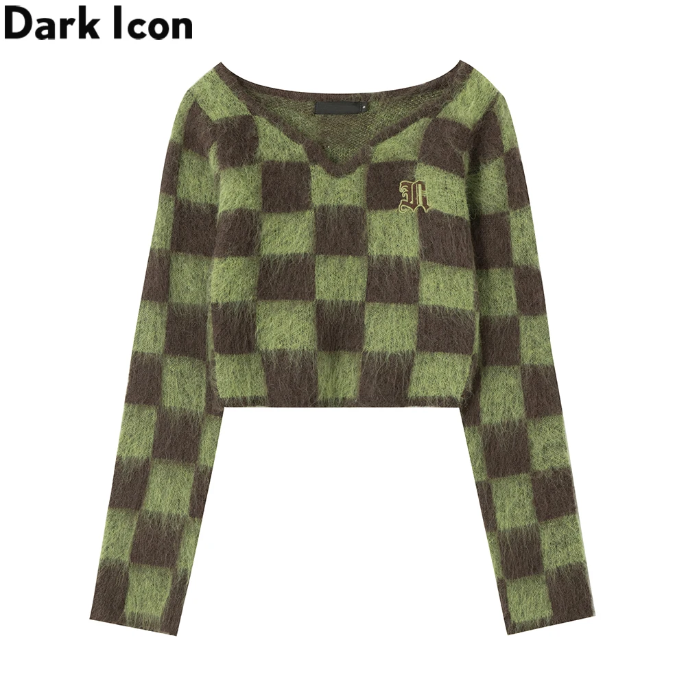 

Кроп-свитер женский в клетку с V-образным вырезом, 2 цвета