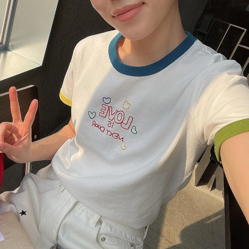 

Women T-shirt 2023 Spring and Summer New Round Neck Letter Print Embroidery T-shirt