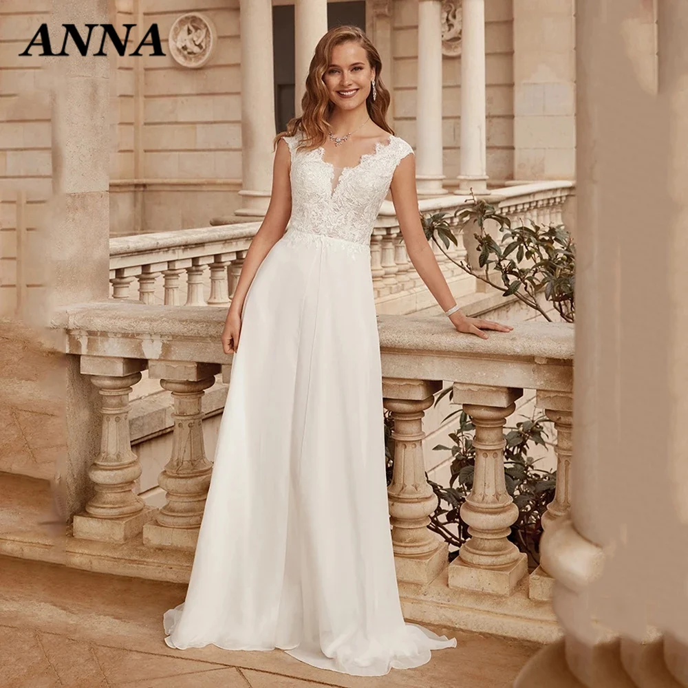 

Anna Beauty Wedding Dress 2022 Bohemia V-Neck Floor Length Applique Chiffon A-Line Vestido De Noiva Civil for Women Custom Made