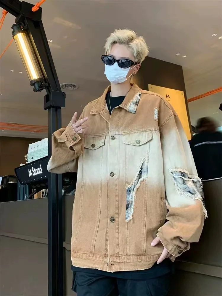 Американское винтажное джинсовое пальто с градиентом цвета в стиле пэчворк и