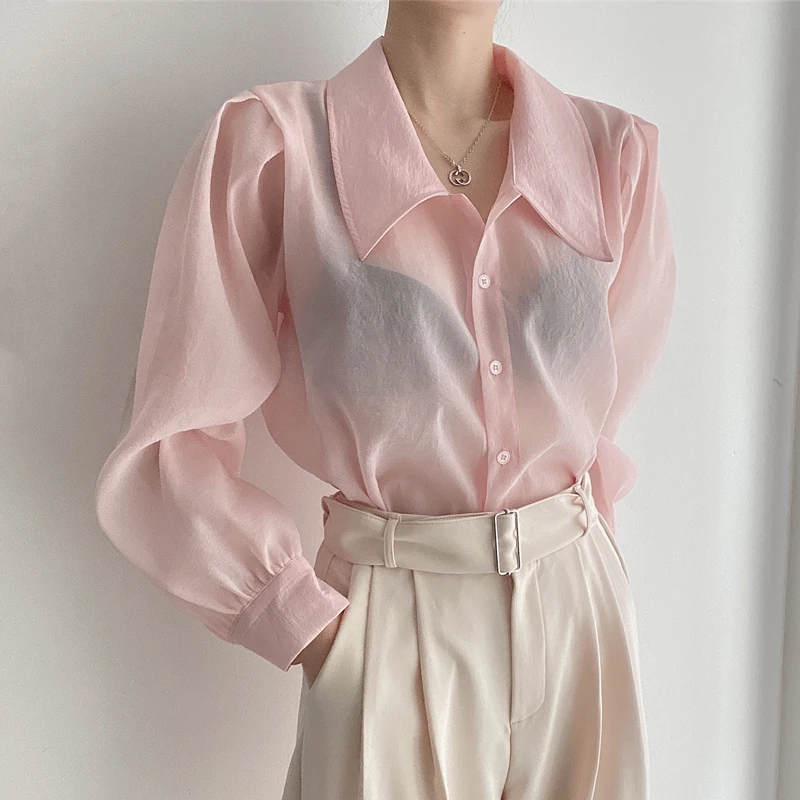 

New 2022 Women Blouses Black Spring Summer Chic Shirt Elegant Transparent Wild Korean Fashion Office Lady Tops