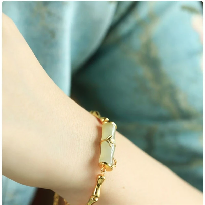 Винтажный фестивальный браслет Hetian Jade Bamboo нежный с серебряным покрытием 925