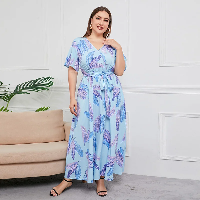 Plus Size 5xl High Waist V-neck Long Dresses Elegant Printed Black Sexy Summer Boho Dress Streetwear Vintage 3xl 4xl 5xl 6xl