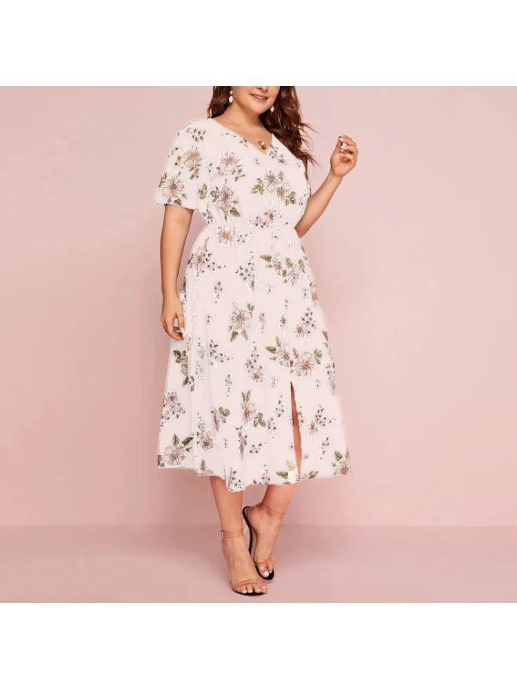Women's floral print V-neck short-sleeved dress with waist cinched waist loose split midi chiffon plus size dress