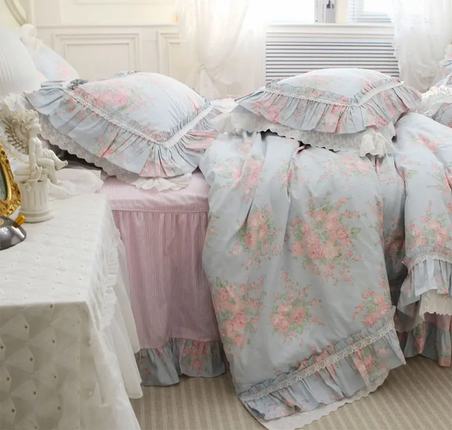 Романтическая кружевная синяя розовая кровать fairyfair с цветочным рисунком