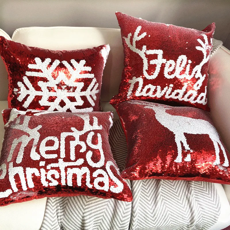Christmas Pillow Cover Double-Sided Sequins Throw Pillow Snowflake Little Deer Sofa Bedroom Cushion Cover Decoration For Home