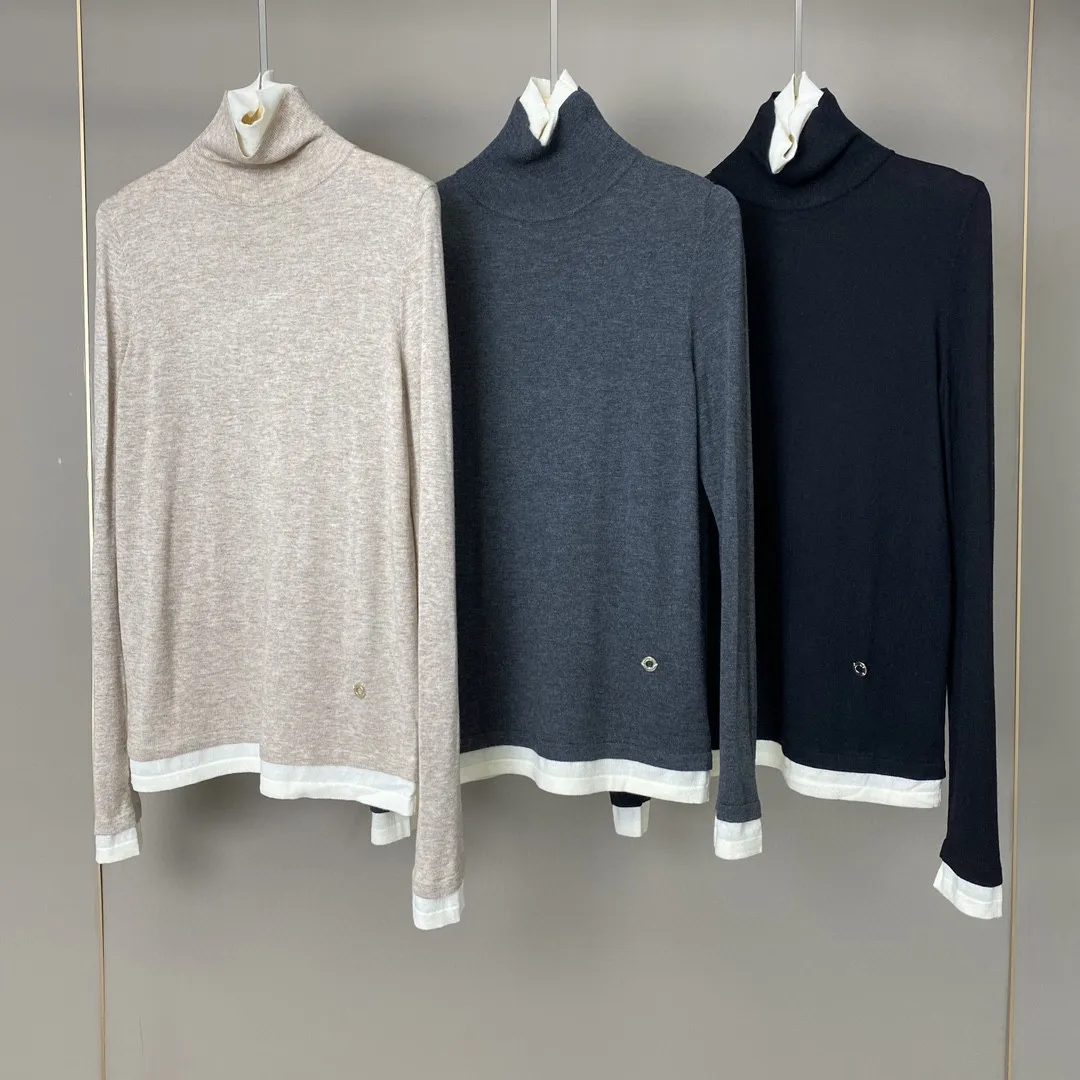 Свитер для женщин новинка 2024 осень-зима контрастный цвет с высоким воротником