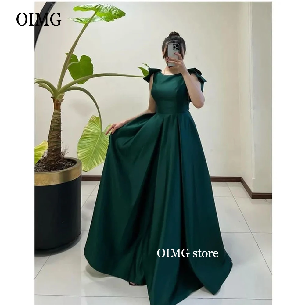 

OIMG Royal Green Satin Long Evening Dresses Arabic Women Red Formal Prom Party Gowns Simple Jewel Neck Bridesmaid Dress