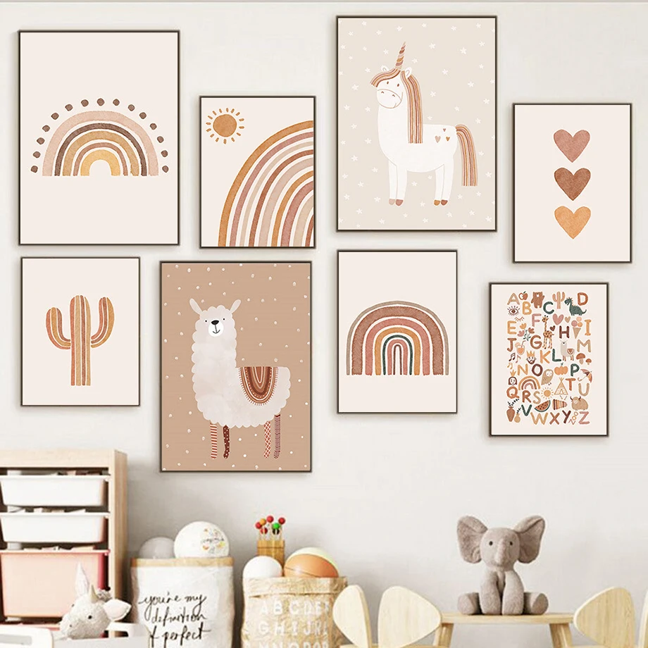 

Единорог Альпака Радуга кактус Бохо детская настенная Картина на холсте скандинавские плакаты и принты настенные картины Детская фотограф...