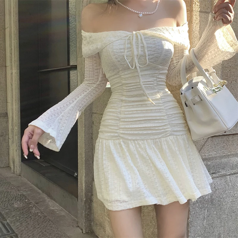 

2023 Spring Mini Dress Women Long Flare Sleeve Sexy Off Shoulder High Waist Dresse Slash Neck Temperament Halter Lace Up Dress