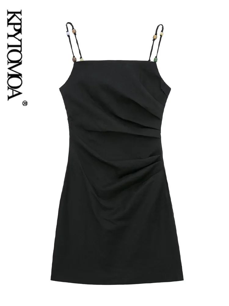 

KPYTOMOA Women Fashion Draped Linen Mini Dress Vintage Backless Zipper Thin Beads Straps Female Dresses Vestidos Mujer