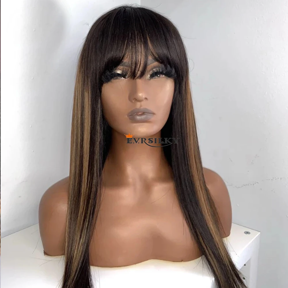 

Silk Base Full Lace Human Hair Fringe Wigs Highlight 360 Lace Frontal Wig With Bangs Indian Remy Silky Straight 13x6 Lace Front