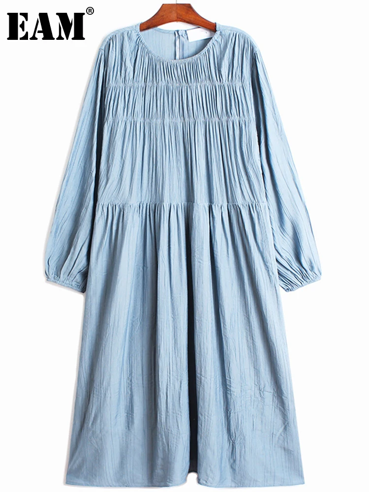 

[EAM] Women Black Big Size Elastic Pleated Dress Round Neck Lantern Long Sleeve Loose Fashion Tide Spring Autumn 2022 1DD8237