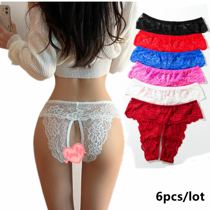 

Женские сексуальные трусики с открытой промежностью, 6 шт., кружевные открытые трусики из спандекса, стринги без промежности для секса, женс...