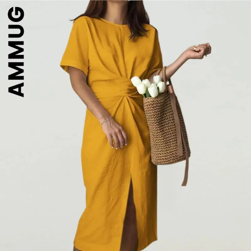 

Ammug Women Dress New Popular Short Sleeve Front Slit Bowknot Dresses Girl Robe Holiday Vintage Woman Clothes Female Vestidos