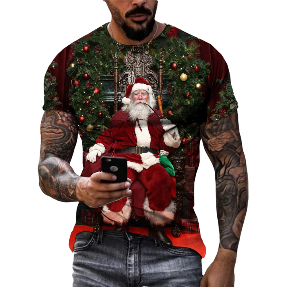 

Festival Funny Santa Claus graphic t shirts Unisex Holiday Vibe Occasion 3D Printed Tops Trend Men Round Neck Short Sleeve Tees