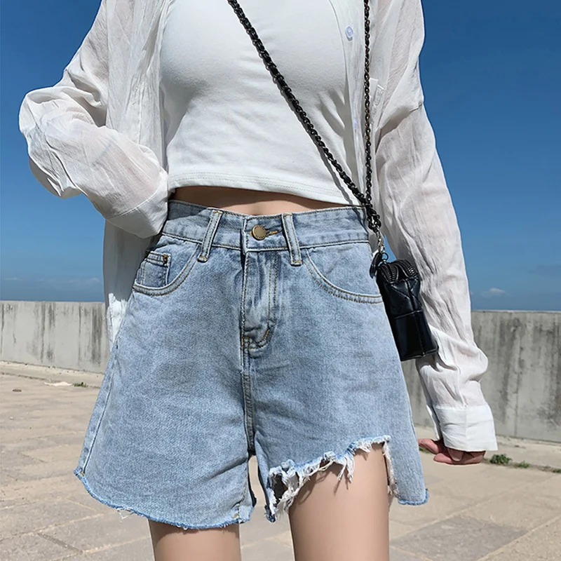 2021 Summer Women New Solid Color Sexy Blue Hole Jeans High Waist Casual All-match Irregular Daily Plus Size 5XL Denim Shorts