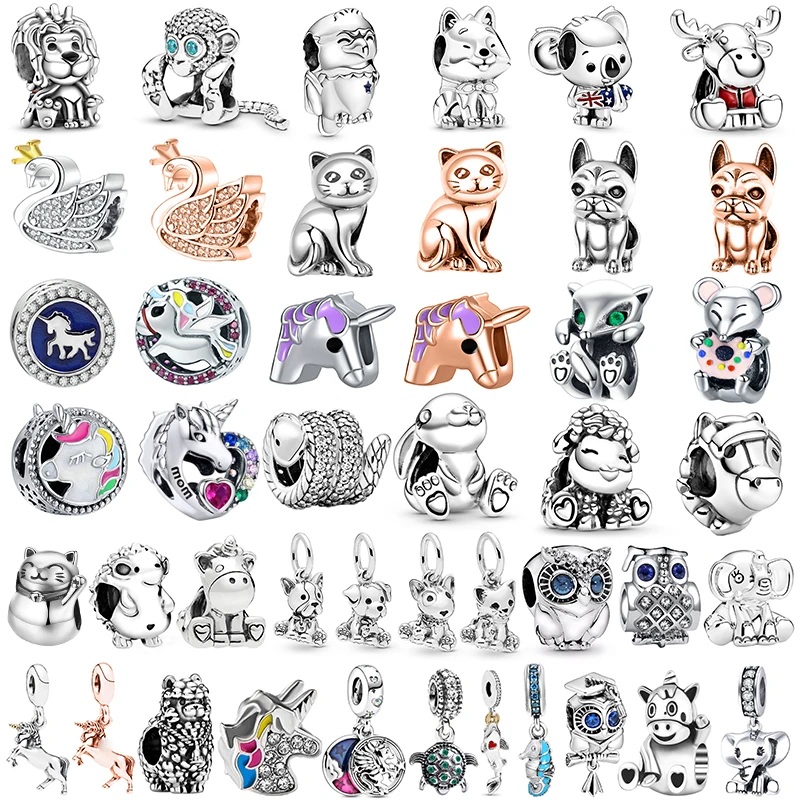 

Cute Animal Beads for Jewelry Making Fit Original Pandora Charms Bracelet Cat Dog Lion Fox Unicorn Pendant Women Fine Bangle DIY