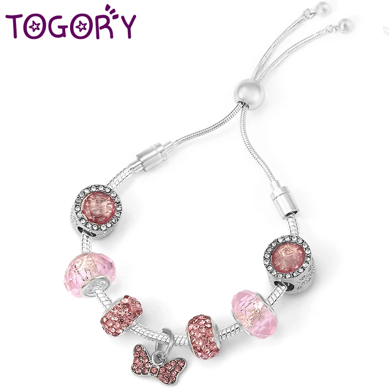 

TOGORY High Quality Crystal Bowknot Pendant Charm Bracelets With Silver Plated Adjustable Chain Bracelets For Women Jewelry Gift