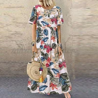 2022 summer new womens leisure resort beach elegant slim fashion short sleeve round neck retro printed long ladies dress
