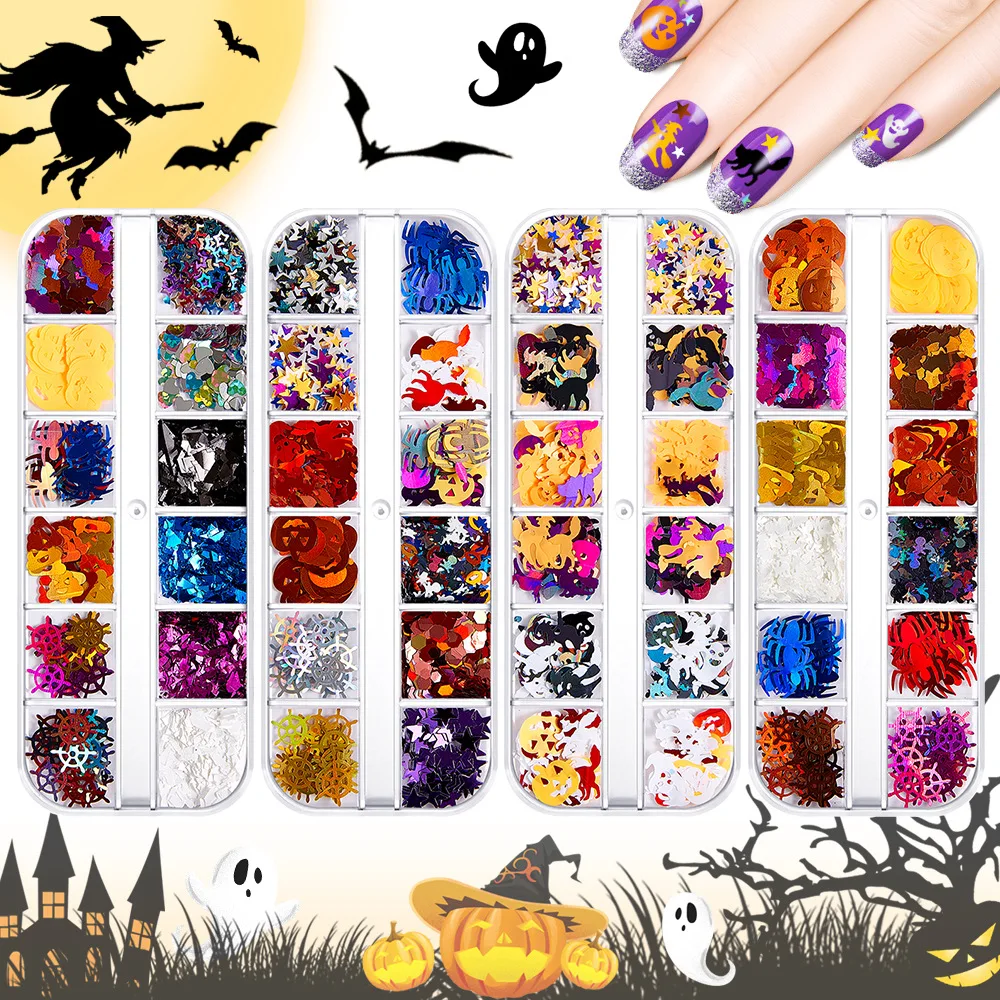 

Halloween Nail Art Jewelry Glitter Sequins 3d Holographic Skeleton Spider Cat Bat Nails Decals DIY Nail Art Nail Decoration