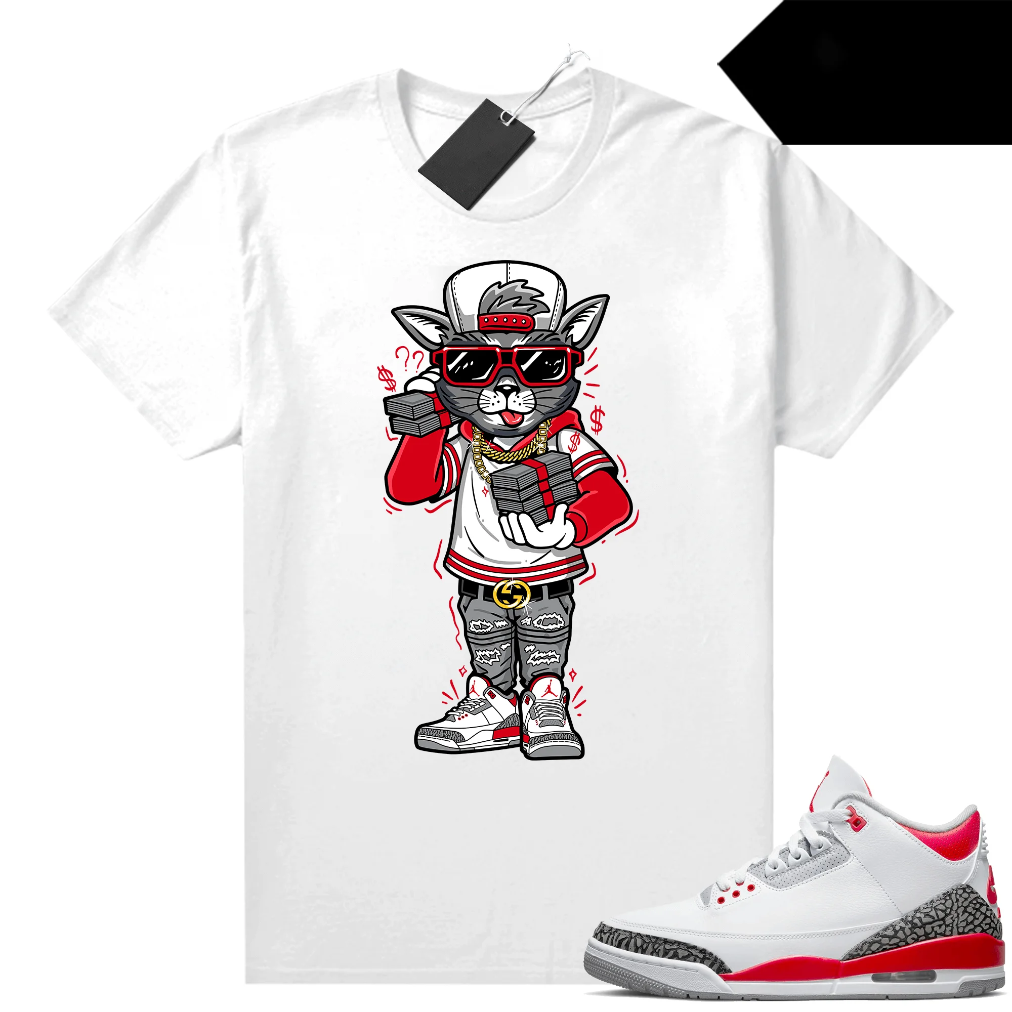 

Fire Red 3s Shirts Sneaker Match White Cat With The Stacks Men's Clothing 100% Cotton Unisex Graphic T Shirts For Men