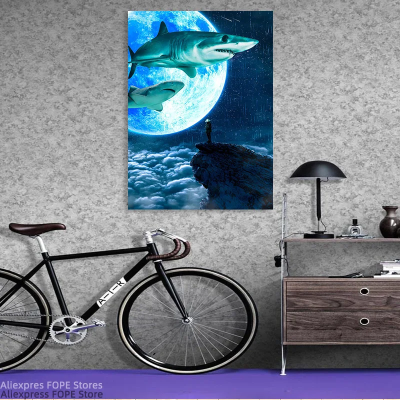 Акула плакат с Луной холст картина стены фотообои для украшения дома