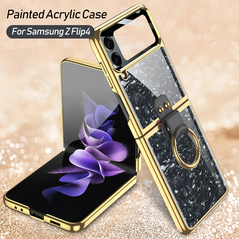 

GKK For Samsung Galaxy Z Flip 4 3 Case Luxury Shell Pattern Screen Glass Ring Stand Cover For Galaxy Z Flip 4 Plating Hard Case